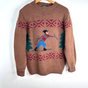 VTG 90s Graphic Ski Sweater S Boundary Waters Grandpa Gorpcore Cabin Nordic Wool